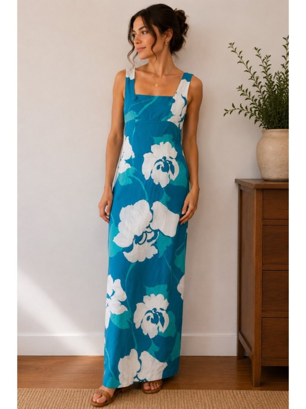Vintage Malihini Hawaii Turquoise Floral Maxi Dress Tropical Resort Piece